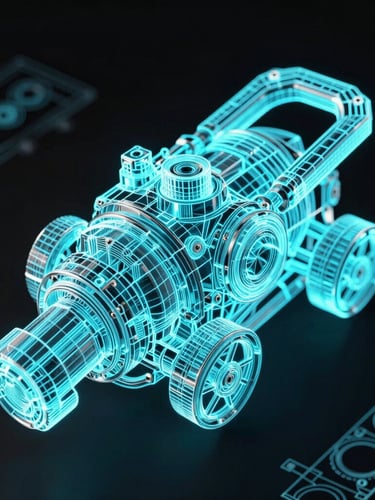 Close-up wireframe development render of a mechanical game asset, glowing electric cyan lines on a pitch black background, high-contrast technical blueprint style.