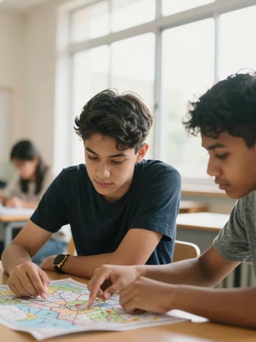 Candid editorial photo of two students of different backgrounds collaborating over a map in a sunlit classroom, warm natural light, shallow depth of field, 35mm style.