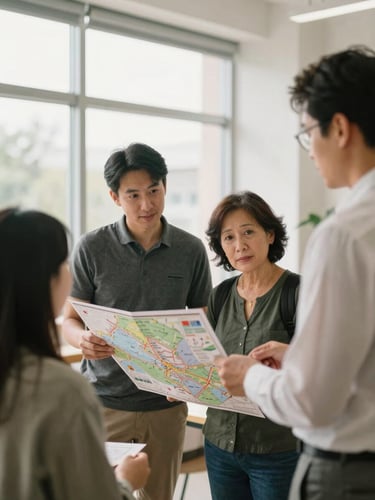 Candid editorial photo of parents and an admissions officer looking at a school map in a bright office, natural window light, warm tones.