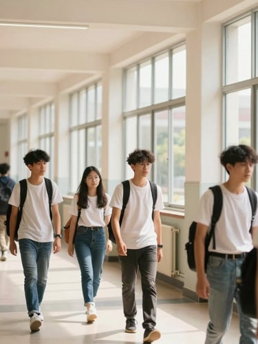 Candid shot of students walking through a bright, modern school corridor with large windows, natural daylight, warm tones, shallow depth of field.