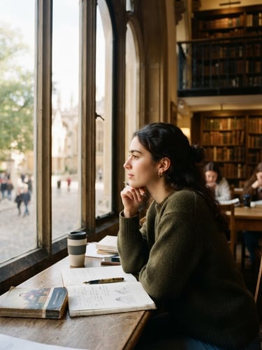 A candid portrait of a student looking thoughtfully out a large library window, bright natural daylight, 35mm editorial style