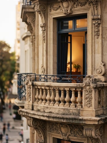 Architectural detail of a classic stone building facade in São Paulo, warm soft afternoon sunlight, elegant shadows, shallow depth of field, 35mm photography
