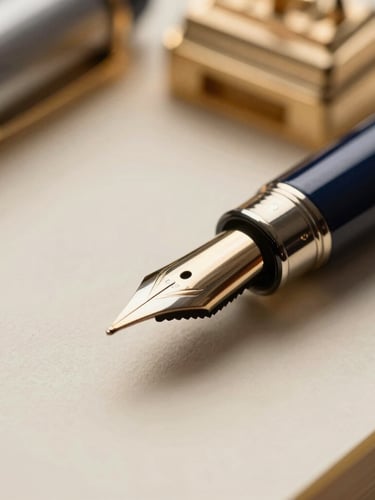 Macro close-up of a luxury fountain pen tip resting on heavy textured cream paper, soft warm interior lighting, elegant desk atmosphere, shallow depth of field