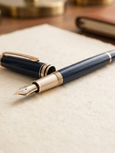 Macro detail of an elegant fountain pen resting on high-quality textured paper, soft warm interior light, shallow depth of field, deep navy and champagne tones
