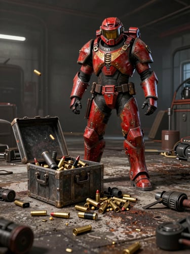 Low-angle medium shot of a heavily armored Rust player standing over an open metal loot crate spilling ammunition and gear onto a scorched concrete floor, hard tungsten muzzle-flash lighting from the left casting deep shadows, desaturated reds and gold highlights on the armor plating, motion blur on falling items, industrial raid interior background