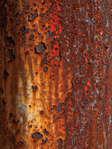 Extreme close-up of corroded metal and rust surface, peeling iron oxide layers and deep pitting texture filling the frame, lit by hard tungsten strobe from the lower-left casting razor shadows across the metal grain, desaturated reds and burnt golds, no subject other than the raw material itself, industrial brutalist framing