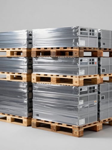 Crisp product photography of a modern high-tech logistics warehouse, neatly stacked pallets of electronics under bright clean studio lighting, neutral grey background, 50mm lens