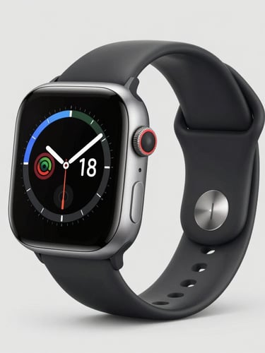 Crisp smartwatch display showing health sensors, bright studio lighting, neutral grey background, sharp focus, high-tech details, 50mm lens, portrait aspect