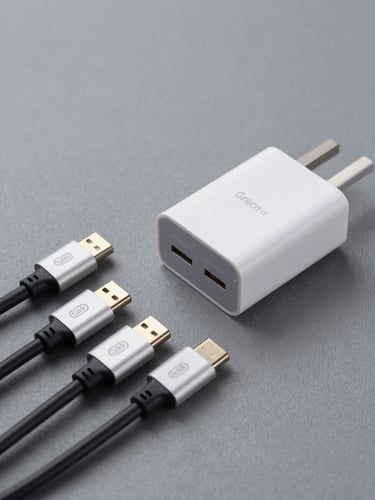 Crisp studio photography of high-speed USB-C cables and multi-port GaN chargers arranged neatly on a neutral slate grey background, sharp focus, 50mm lens.