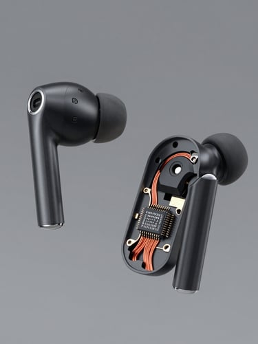 Crisp product photography of premium wireless earbuds split open to reveal high-precision internal chipsets and copper wiring, clean studio lighting, neutral grey background, sharp focus, 50mm lens