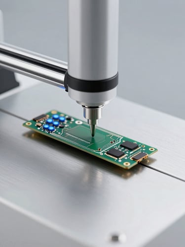 Crisp close-up photography of a precision digital testing machine analyzing an SSD circuit board, sharp focus on blue indicator lights, clean metallic laboratory background, 50mm lens.