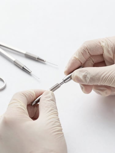 Close-up of sterile gloved hands organizing medical instruments on a clean white surface, bright high-key studio lighting, soft shadows, clinical precision, sharp focus, 85mm, portrait aspect.