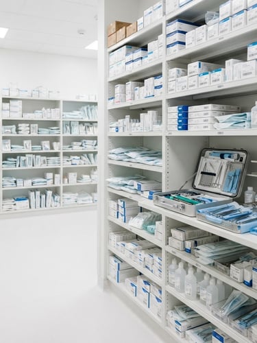 Medical storage room with neatly organized shelves, sterile boxes, and equipment, bright high-key studio lighting, soft shadows, clinical precision, sharp focus, 85mm, subject to the right third.