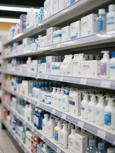 Straight-on high-contrast shot of a pristine, brightly lit modern supermarket shelf stocked with dental hygiene products, clean white packaging, soft clinical shadows, professional retail environment.