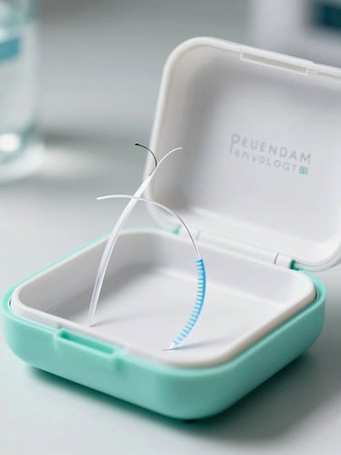 Macro studio photograph of premium dental floss packaging, clean white and mint-teal casing, bright clinical lighting with soft shadows.