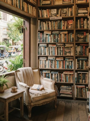 Warm editorial photography of a cozy bookstore corner in Phnom Penh, wooden shelves filled with used books, soft morning window light filtering through, 35mm