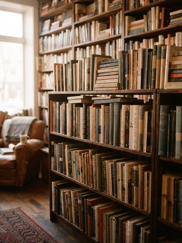 Medium shot of cozy wooden bookshelves filled with used books in warm morning window light, soft shadows, 35mm