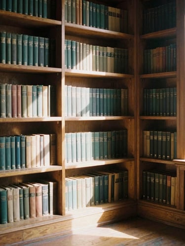 Warm editorial shot of floor-to-ceiling wooden bookshelves filled with vintage books in a sunlit colonial nook, soft shadows, 35mm