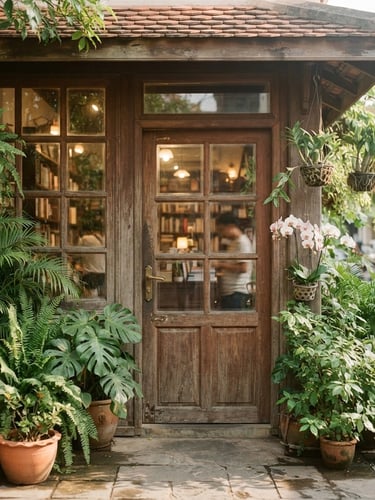 A warm editorial photo of the wooden entrance of Treasures Bookstore in Phnom Penh, soft morning window light filtering through glass panes, lush green plants framing the doorway, 35mm