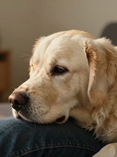 Eye-level profile of a warm cream retriever resting its head gently on a person's lap, soft diffused golden hour light, minimal home background.