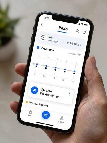 A high-fidelity mobile app mockup showing a clean pet health dashboard, featuring a vaccination timeline and upcoming vet appointment card under soft natural lighting.