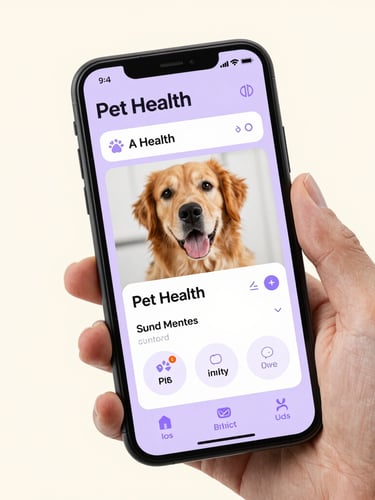 High-fidelity iOS mobile app mockup displaying a beautiful pet health dashboard, clean typography, soft lavender accents, held in hand against a soft cream background.