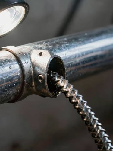 Tight macro shot of a heavy-duty steel drain snake entering a clean chrome pipe under sharp utility work-light illumination.