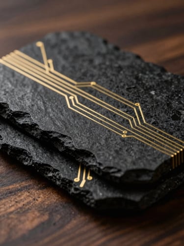 Macro editorial photograph of dark textured obsidian stone layered with ultra-thin gold circuit lines, warm walnut wood grain background, dramatic low-key lighting