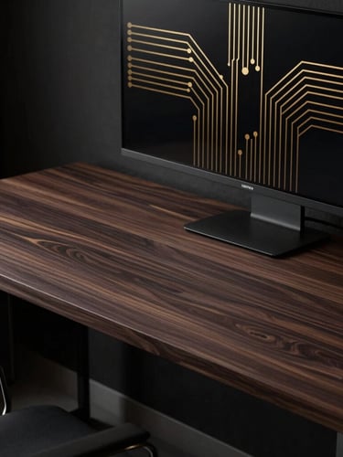 Minimalist high-end workspace with a dark walnut wood desk, modern hardware, subtle warm ambient lighting, and abstract gold circuit patterns on a screen
