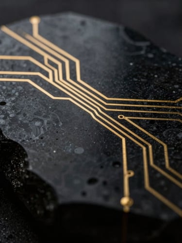 Macro photograph of dark polished obsidian stone with thin golden circuit lines running across the reflective surface, dramatic low-key lighting