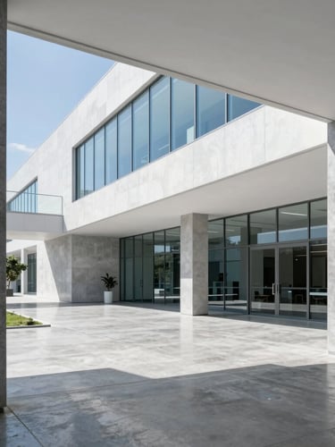 Bright modern corporate office lobby in Córdoba, clean architectural lines, polished concrete floors reflecting daylight, minimalist slate gray and blue tones, architectural framing.
