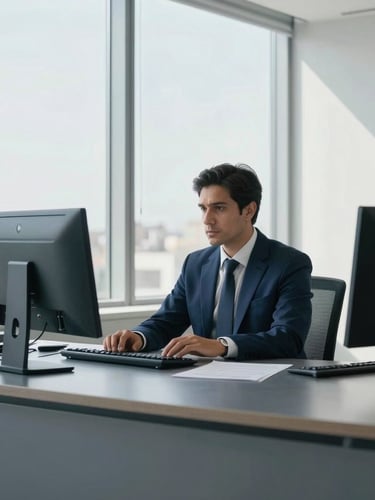 Desk of a professional accountant in Córdoba, clean corporate setup, sharp focus, cool slate and navy tones, natural window light, architectural lines