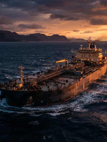 Dramatic industrial photography of a maritime shipping tanker at sea during twilight golden hour, deep navy and warm amber tones, cinematic wide-angle