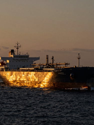 Dramatic environmental shot of a massive crude oil tanker ship navigating open ocean at twilight, low sun casting deep golden highlights on warm metallic hull, cinematic wide-angle.