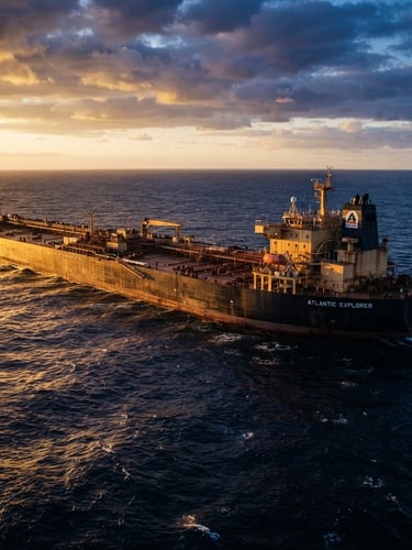 Wide-angle dramatic shot of a massive crude oil tanker at sea, low-sun golden hour light reflecting off deep blue water, metallic amber highlights.