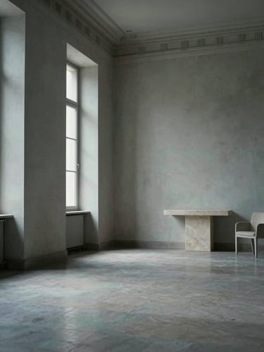 Wide interior room photographed from a low angle to the left, tall plaster walls with subtle classical molding, a single slender window casting soft north light across the floor, minimal furniture — a pale stone console and one chair — generous empty floor space dominating the frame, cool-toned daylight, no people