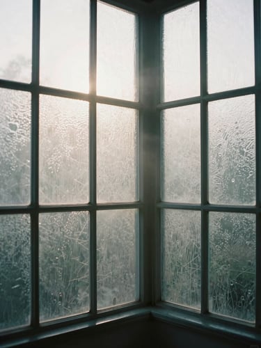 Diffused morning mist filtering through textured glass panes in a quiet Bountiful studio corner, soft-focus, low-contrast natural light.