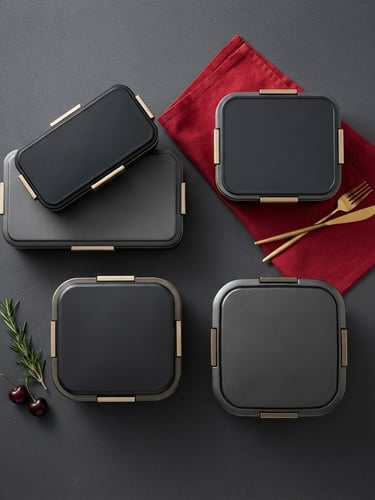 Clean studio food photography, top-down flat lay of elegant closed corporate lunchboxes on a solid dark grey backdrop with a crimson napkin accent, crisp overhead lighting, editorial
