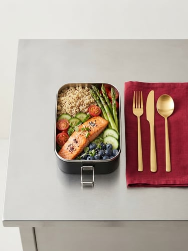 Overhead shot of a minimalist, clean, stainless steel kitchen counter with a single perfectly arranged corporate lunchbox, gold cutlery, rich red accent cloth, bright studio lighting, editorial.