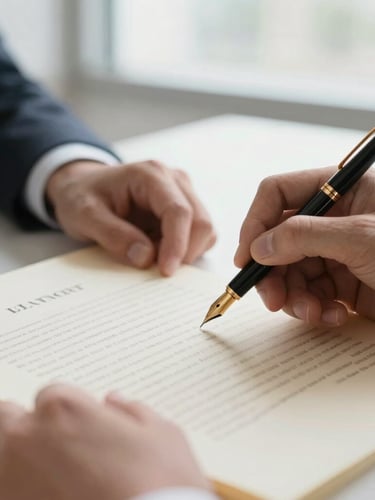 Close-up of hands signing a legal deed with a gold-nibbed pen on textured cream paper, bright natural window light, shallow depth of field, 35mm
