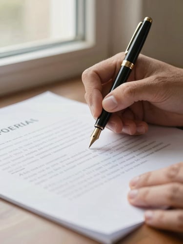 Close-up of hands executing a legal document with a classic fountain pen on rich textured paper, warm natural window light, shallow depth of field, 35mm