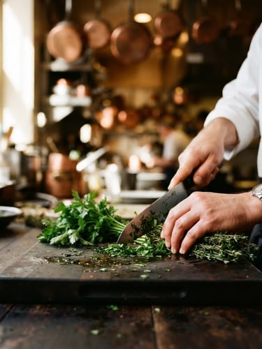 Close-up of a chef's hands in clean white uniform, meticulously slicing fresh herbs on a dark cutting board, high-contrast side-lighting from a kitchen window, warm copper tones reflecting off stainless steel in background, shallow depth of field.