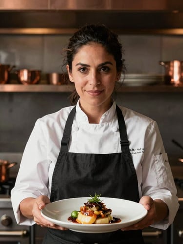 Close-up portrait of Chef Maria Rodriguez, a successful alumna, in her bustling restaurant kitchen, hands holding a plated dish, high-contrast side-lighting, warm glow, shallow depth of field, copper accents, organized but active scene.