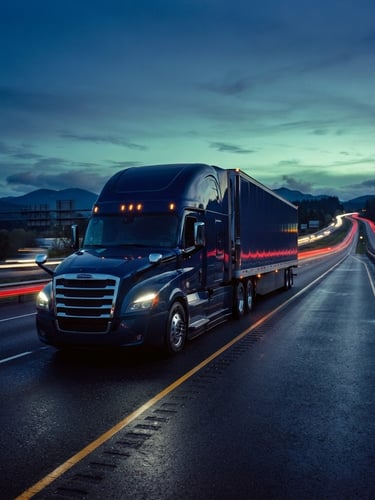 Low-angle heroic shot of a modern aerodynamic semi-truck driving on a clean American highway during cinematic twilight, light trails stretching into the distance, sharp focus, 35mm