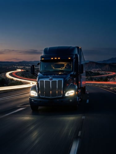 Low-angle heroic shot of a modern aerodynamic semi-truck driving on an open American highway at twilight, light trails, deep navy tone, cinematic commercial photography, 35mm.