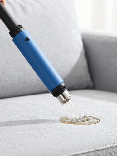 Crisp commercial photography of a high-suction extraction nozzle pulling dirty water out of a light grey fabric sofa, bright high-key daylight, clean blue and white tones, macro detail, sharp focus