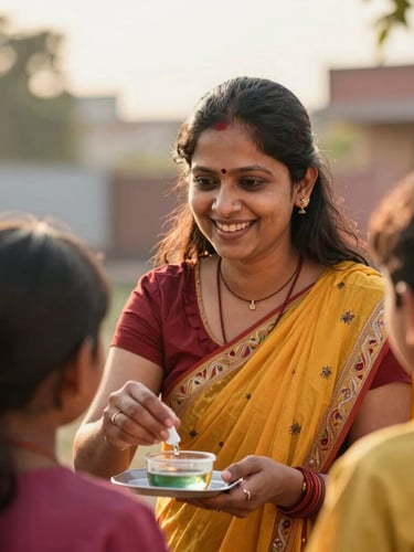 Candid medium close-up of a smiling Indian woman coordinator teaching children outdoors in Indore, warm golden-hour sunlight, authentic and hopeful