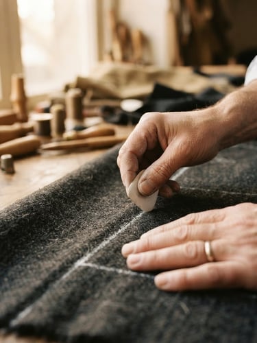 Macro close-up of a tailor's hands marking dark wool fabric with white chalk under soft workshop window light, warm editorial photography style.