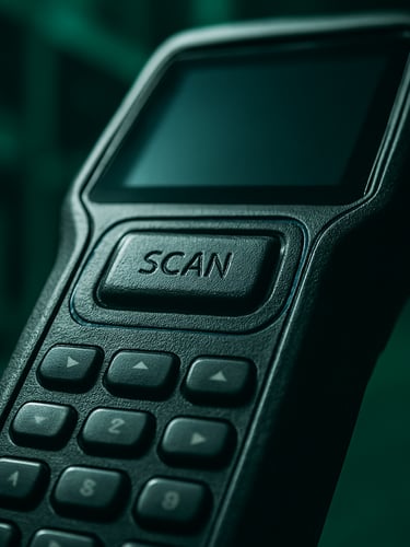 Tight macro shot of a rugged Android handheld scanner in a low-key lit warehouse, cool green terminal ambient glow, sharp focus on physical scan button, 50mm