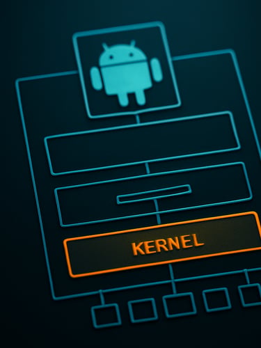 Sleek technical schematic diagram of custom Android OS architecture, kernel layer highlighted in safety orange, clean geometric lines on dark vector background
